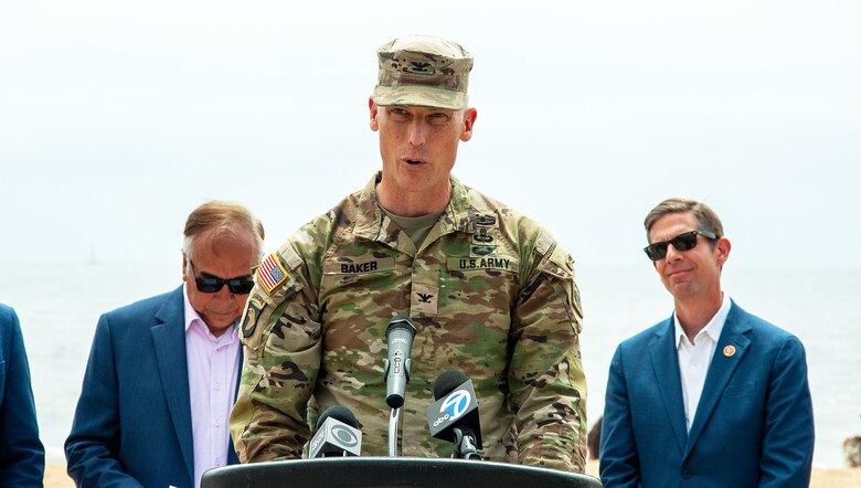 Col. Andrew Baker, commander of the U.S. Army Corps of Engineers’ Los Angeles District, provides remarks during a ribbon-cutting ceremony to celebrate the completion of Phase One of the San Clemente Beach Nourishment project May 31 in San Clemente, Calif. The project aims to reduce coastal storm damage.