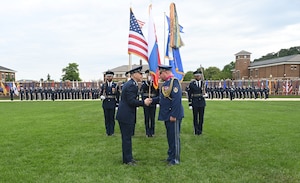 Air Force Chief of Staff Gen. David Allvin presents a medal to Slovak Air Force Commander Maj. Gen. Róbert Tóth during an official welcome ceremony at Joint Base Anacostia-Bolling, Washington, D.C. June 11, 2024. The ceremony was part of a week-long counterpart visit during the Tóth was taken to different Air Force installations around the country in an effort to advance mutual interests and strengthen the U.S.-Slovak partnership. (U.S. Air Force photo by Andy Morataya)