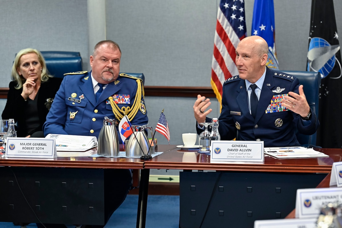 Air Force Chief of Staff Gen. David Allvin and Slovak Air Force Commander Maj. Gen. Róbert Tóth speak during staff talks at the Pentagon in Arlington, Va., June 11, 2024. During these talks, Allvin praised Slovak Air Force modernization efforts and reaffirmed the U.S. Air Force commitment to Slovakia’s acquisition of F-16 Block 70 aircraft, which he underscored will strengthen bilateral defense cooperation, increase interoperability with U.S. and NATO forces, and reinforce the security of NATO’s Eastern Flank.  (U.S. Air Force photo by Eric Dietrich)