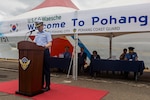 U.S. Coast Guard Capt. Tyson Scofield, commanding officer of the U.S. Coast Guard Cutter Waesche (WMSL-751), gives a speech during a welcoming reception in Pohang, Republic of Korea, June 9, 2024. The Waesche’s arrival marked the first visit by a U.S. Coast Guard ship to Pohang, which was marked with an opening ceremony between United States and Korea Coast Guardsmen. Waesche is the second U.S. Coast Guard National Security Cutter deployed to the Indo-Pacific in 2024. Waesche is assigned to Destroyer Squadron (DESRON) 15, the Navy’s largest DESRON and the U.S. 7th Fleet’s principal surface force. Coast Guard cutters routinely deploy to the region to engage with partner nations to ensure a free and open Indo-Pacific. (U.S. Marine Corps photo by Cpl. Elijah Murphy)
