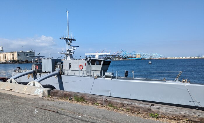 The U.S. Navy’s  Sea Hunter Unmanned Surface Vehicle arrives in Los Angeles, California, during LA Fleet Week, 23 May. Sea Hunter’s participation in events like LA Fleet Week helps educate the public on the latest naval technology and demonstrates the Navy's commitment to integrating advanced technology into its operations.