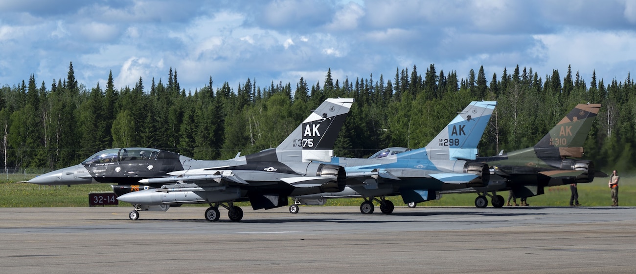 F-16 Fighting Falcons assigned to the 18th Fighter Interceptor Squadron sit on the flightline June 6, 2024, at Eielson Air Force Base, Alaska.