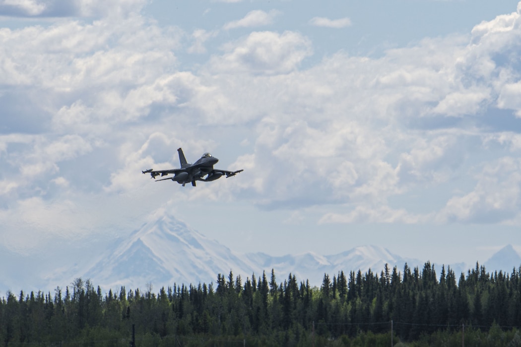 A U.S. Air Force F-16 Fighting Falcon assigned to the 14th Fighter Squadron takes off during Red Flag-Alaska 24-2.