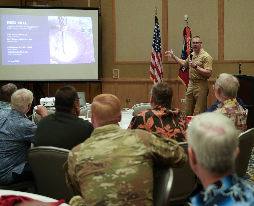 FORT SHAFTER, Hawaii (June 12, 2024) Capt. Steven Stasick, facilities director, Navy Closure Task Force-Red Hill (NCTF-RH) gives a presentation about the Red Hill Bulk Fuel Storage Facility (RHBFSF) at a Society of American Military Engineers meeting on Fort Shafter, June 12, 2024. Charged with the safe decommissioning of the RHBFSF, NCTF-RH was established by the Department of the Navy as a commitment to the community and the environment. The Navy continues to engage with the people of Hawaii, regulatory agencies, and other stakeholders as NCTF-RH works to safely and deliberately decommission the RHBFSF. (U.S. Navy photo by Mass Communication Specialist 1st Class Glenn Slaughter)