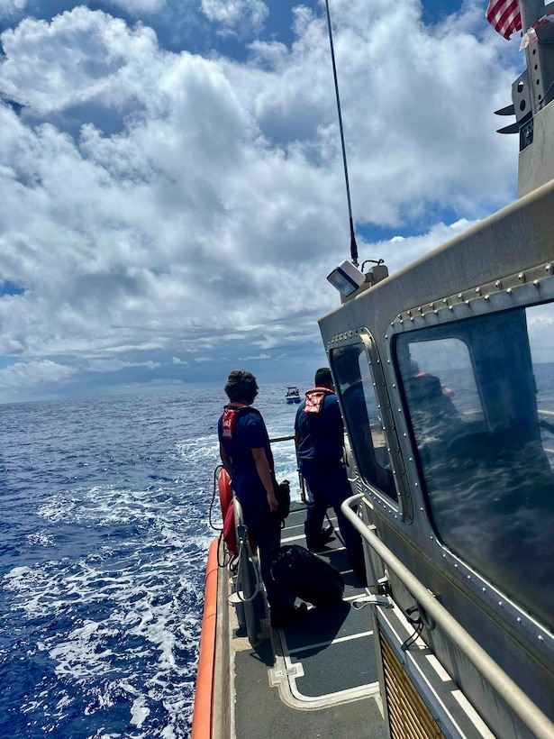 The U.S. Coast Guard successfully rescue a disabled vessel, Uchan, and their crew approximately 25 miles offshore from Galves Banks on June 13, 2024. The operation involved a coordinated effort from the Joint Rescue Sub-Center (JRSC) Guam and U.S. Coast Guard Station Apra Harbor's 45-foot Response Boat-Medium. (U.S. Coast Guard photo by Petty Officer 1st Class Andrew Crowton)