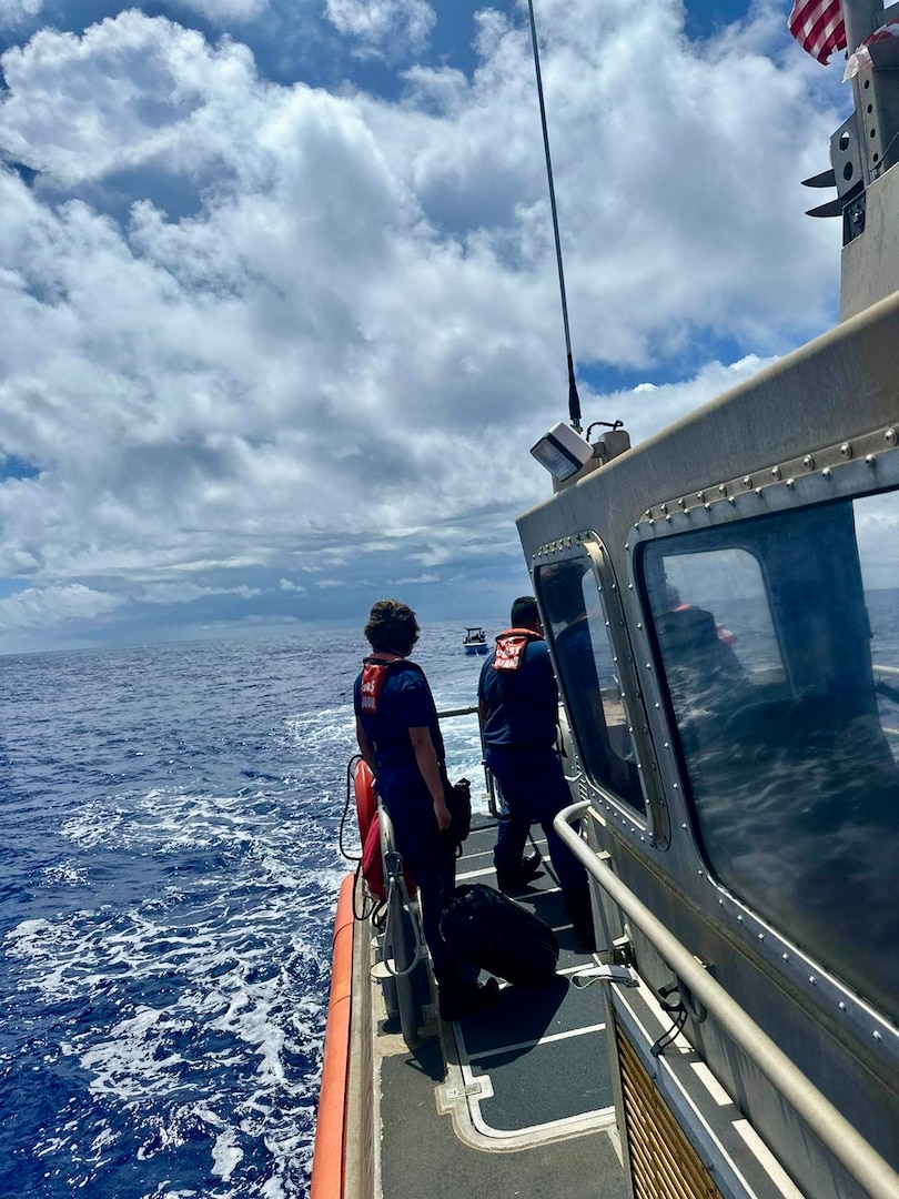 The U.S. Coast Guard successfully rescue a disabled vessel, Uchan, and their crew approximately 25 miles offshore from Galves Banks on June 13, 2024. The operation involved a coordinated effort from the Joint Rescue Sub-Center (JRSC) Guam and U.S. Coast Guard Station Apra Harbor's 45-foot Response Boat-Medium. (U.S. Coast Guard photo by Petty Officer 1st Class Andrew Crowton)