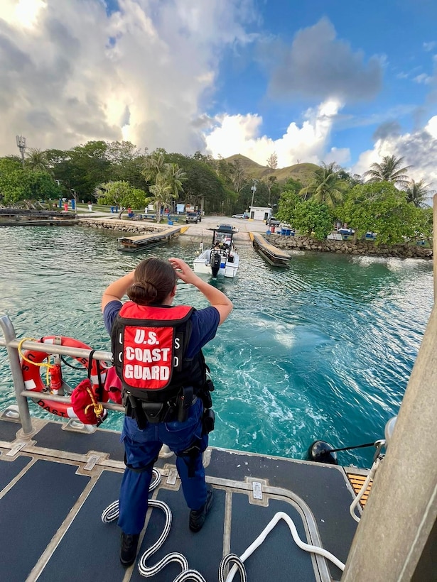 The U.S. Coast Guard successfully rescue a disabled vessel, Uchan, and their crew approximately 25 miles offshore from Galves Banks on June 13, 2024. The operation involved a coordinated effort from the Joint Rescue Sub-Center (JRSC) Guam and U.S. Coast Guard Station Apra Harbor's 45-foot Response Boat-Medium. (U.S. Coast Guard photo by Petty Officer 1st Class Andrew Crowton)