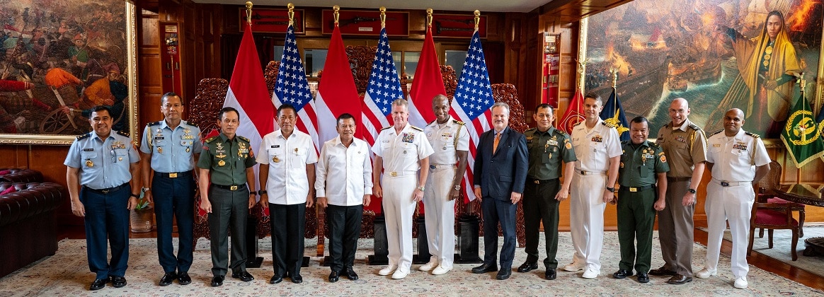 Adm. Samuel J. Paparo, center, commander of U.S. Indo-Pacific Command, joins Retired Lt. Gen. M. Herindra, left of Paparo, Deputy Minister of Defense of the Republic of Indonesia, for a group photo during Paparo’s first official visit to Indonesia as USINDOPACOM commander.