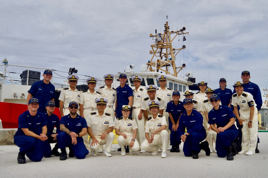 USCGC Oliver Henry (WPC 1140) and U.S. Coast Guard Forces Micronesia Sector Guam personnel host Capt. Kazushi Sakae and over 40 cadets from the Japanese Coast Guard training ship Kojima during their visit to Guam on June 12, 2024. The event marked a significant moment of international cooperation and camaraderie between the two maritime services. (U.S. Coast Guard photo by Josiah Moss)