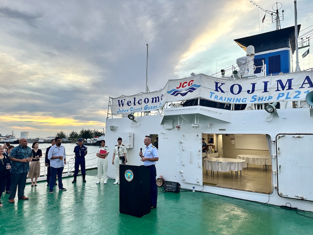 Capt. Robert Kistner, commander of U.S. Coast Guard Forces Micronesia Sector Guam, offers a toast during a reception hosted by Capt. Kazushi Sakae and the cadets and crew aboard the Japanese Coast Guard training ship Kojima during their visit to Guam on June 12, 2024. During the visit, three U.S. Coast Guard Academy cadets had the unique opportunity to share their recent experience of joining their Japanese counterparts on the voyage to Guam. This journey created lasting memories and built strong professional relationships. (U.S. Coast Guard photo by Chief Warrant Officer Sara Muir)