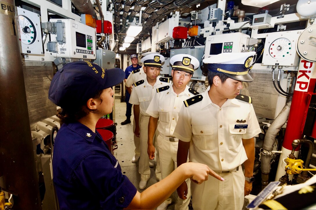 USCGC Oliver Henry (WPC 1140) and U.S. Coast Guard Forces Micronesia Sector Guam personnel host cadets from the Japanese Coast Guard training ship Kojima during their visit to Guam on June 12, 2024. The event marked a significant moment of international cooperation and camaraderie between the two maritime services. (U.S. Coast Guard photo by Josiah Moss)