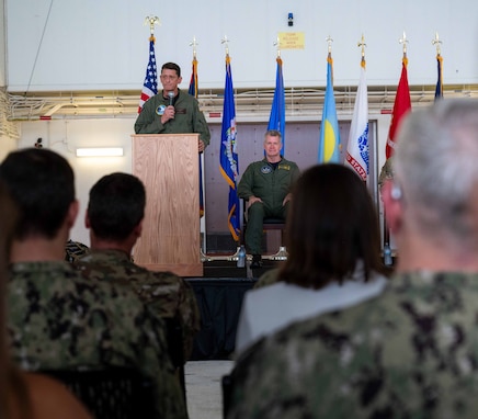 Adm. Samuel J. Paparo, commander, U.S. Indo-Pacific Command, and Rear Adm. Gregory C. Huffman exchange salutes during the Joint Task Force – Micronesia assumption of command ceremony on Andersen Air Force Base, June 14, 2024.