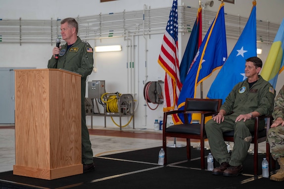 Adm. Samuel J. Paparo, commander, U.S. Indo-Pacific Command, and Rear Adm. Gregory C. Huffman exchange salutes during the Joint Task Force – Micronesia assumption of command ceremony on Andersen Air Force Base, June 14, 2024.