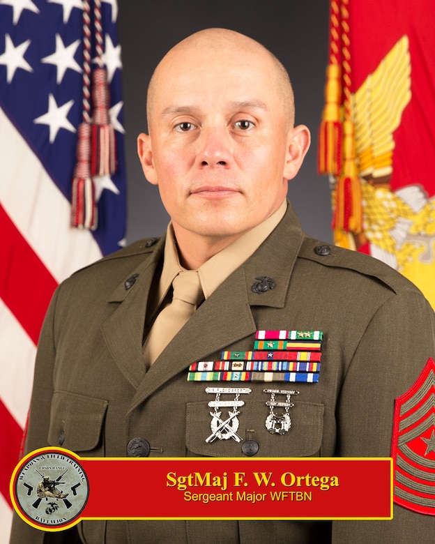 Sergeant Major Ortega then reported to Marine Air Ground Combat Center, where he attended Field Radio Operators course as well as
Multi-Channel operator’s course. Sergeant Major Ortega later reported to Fort Gordon Georgia, to attend Ground Mobile Forces
communicator school.

Sergeant Major Ortega then reported to 7th Communications Battalion, Okinawa Japan, in October of 2000, where he served as 93/85
van operator for Satellite Platoon. In April of 2001, Sergeant Major Ortega deployed in support of Tandem Thrust Training Exercise
Rock Hampton, Queensland, Australia. Sergeant Major Ortega was promoted to Lance Corporal upon his return from deployment.
In August of 2001, Sergeant Major Ortega reported to 9th Communications Battalion and was meritoriously promoted to Corporal as a
93/85 van team leader. Sergeant Major Ortega deployed with 9th Communications Battalion in support of Operation Enduring Freedom
and Operation Iraqi Freedom from October 2002 to August 2003. During this deployment Sergeant Major Ortega was meritoriously
promoted to Sergeant. Upon his return from deployment, he assumed the duties as Satellite Platoon’s platoon sergeant.

In January of 2004, Sergeant Major Ortega requested and received orders for Drill Instructor Duty in San Diego, California. After
completing Drill Instructor School where he received the Peer Leadership Award, he was assigned to Echo Company, 2nd Recruit
Training Battalion, where he served as a Drill Instructor, Senior Drill Instructor, and Chief Drill Instructor. He also held the billet of the
2nd Battalion Drill Master. During this tour Sergeant Major Ortega was meritoriously promoted to Staff Sergeant.