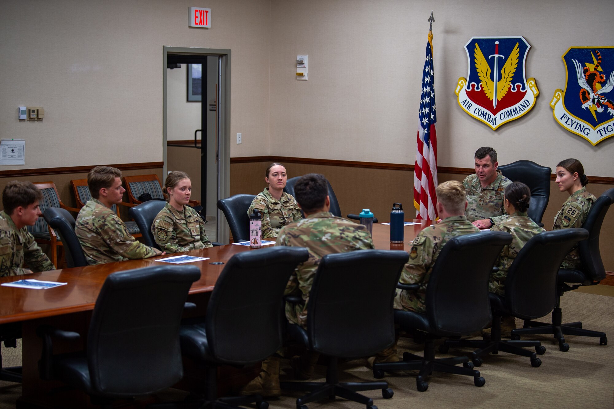U.S. Air Force Col. Paul Sheets, 23rd Wing commander, speaks to U.S. Air Force Academy cadets at Moody Air Force Base, Georgia, June 6, 2024. Sheets answered any questions the cadets had about active duty and other components about life as an officer. (U.S. Air Force photo by Airman 1st Class Iain Stanley)