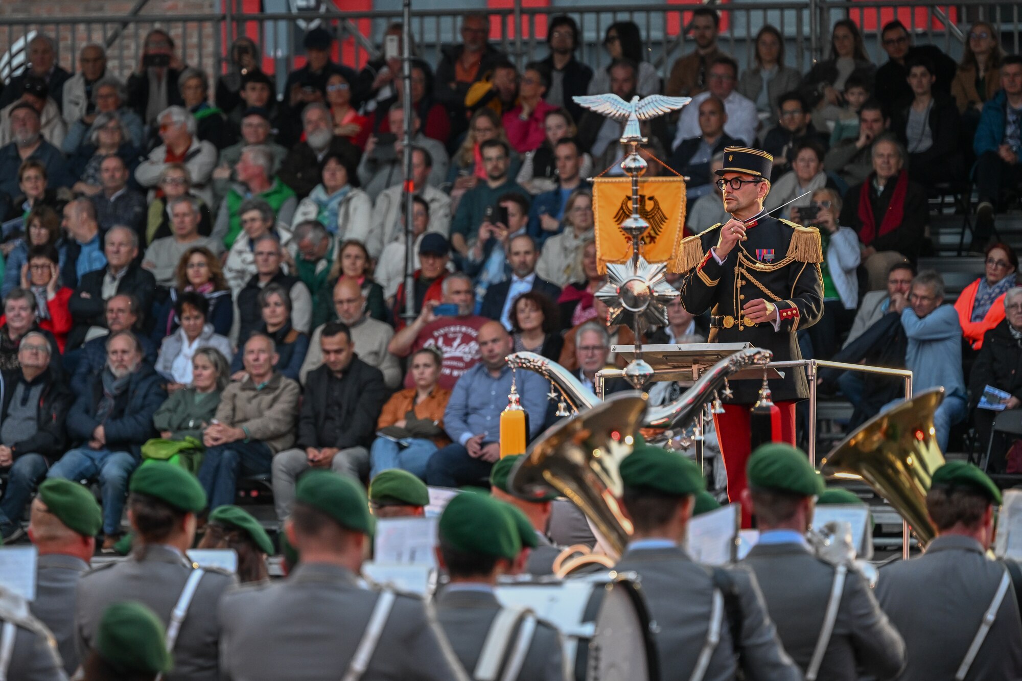 France’s 1st Class Music Conductor Martial Drapeau of the French infantry band conducts the opening piece at the Belgian Defence International Tattoo 2024 in Leuven, Belgium, June 4, 2024.