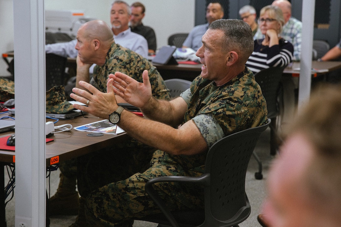 U.S. Marine Corps Col. Ralph J. Rizzo, Jr., acting commander, Marine Corps Installations East-Marine Corps Base (MCB) Camp Lejeune speaks during the annual Destructive Weather Exercise (DWX) brief on MCB Camp Lejeune, North Carolina, June 12, 2024. MCB Camp Lejeune held the DWX to test the base’s emergency response capabilities in order to promote flexibility and readiness during the Atlantic hurricane season, which runs from June 1 to November 30. (U.S. Marine Corps photo by Cpl. Daniela Chicas Torres)
