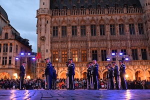 U.S. Air Force Honor Guard Drill Team prepares to perform their drill routine at the Belgian Defence International Tattoo 2024 in Brussels, Belgium, June 8, 2024.