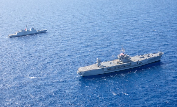 240614-N-PH222-1071
PHILIPPINE SEA (June 14, 2024) - U.S. Navy 7th Fleet Flagship USS Blue Ridge (LCC 19), right, conducts a maneuvering exercise with the French Navy Aquitaine-class frigate FS Bretagne (D 655) in the Philippine Sea during Valiant Shield 2024, June 14, 2024. Exercises such as Valiant Shield allow the Indo-Pacific Command Joint Forces the opportunity to integrate forces from all branches of services and with our allies to conduct precise, overwhelming multi-axis, multi-domain effects that demonstrate the strength and versatility of the Joint Force and our commitment to a free and open Indo-Pacific. U.S. 7th Fleet is the U.S. Navy’s largest forward-deployed numbered fleet, and routinely interacts and operates with allies and partners to preserve a free and open Indo-Pacific. (U.S. Navy photo by Mass Communication Specialist 1st Class Ryan M. Breeden)