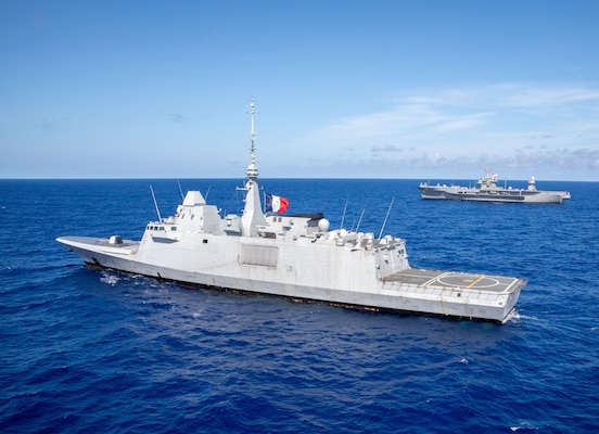 240614-N-PH222-1065
PHILIPPINE SEA (June 14, 2024) - U.S. Navy 7th Fleet Flagship USS Blue Ridge (LCC 19), right, conducts a maneuvering exercise with the French Navy Aquitaine-class frigate FS Bretagne (D 655) in the Philippine Sea during Valiant Shield 2024, June 14, 2024. Exercises such as Valiant Shield allow the Indo-Pacific Command Joint Forces the opportunity to integrate forces from all branches of services and with our allies to conduct precise, overwhelming multi-axis, multi-domain effects that demonstrate the strength and versatility of the Joint Force and our commitment to a free and open Indo-Pacific. U.S. 7th Fleet is the U.S. Navy’s largest forward-deployed numbered fleet, and routinely interacts and operates with allies and partners to preserve a free and open Indo-Pacific. (U.S. Navy photo by Mass Communication Specialist 1st Class Ryan M. Breeden)