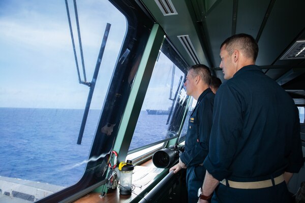 240614-N-FA353-1021
PHILIPPINE SEA (June 14, 2024) – Capt. Ed Angelinas and Capt. Jim Henry, assigned to U.S. 7th Fleet staff, observe the flight deck aboard the French Navy Aquitaine-class frigate FS Bretagne (D 655) while participating in a cross-deck evolution in the Philippine Sea during Valiant Shield 2024, June 14, 2024. Exercises such as Valiant Shield allow the Indo-Pacific Command Joint Forces the opportunity to integrate forces from all branches of services and with our allies to conduct precise, overwhelming multi-axis, multi-domain effects that demonstrate the strength and versatility of the Joint Force and our commitment to a free and open Indo-Pacific. U.S. 7th Fleet is the U.S. Navy’s largest forward-deployed numbered fleet, and routinely interacts and operates with allies and partners to preserve a free and open Indo-Pacific. (U.S. Navy photo by Mass Communication Specialist 2nd Class Belen Saldana)