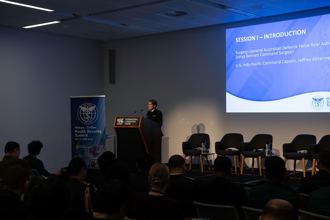 Australian Rear Adm. Sonya Bennett, Australian Defence Force surgeon general, gives opening remarks to the Military Civilian Health Security Summit co-hosted by the Australian Defence Force, U.S. Indo-Pacific Command, and the Defense Threat Reduction Agency in Sydney, June 16, 2024.