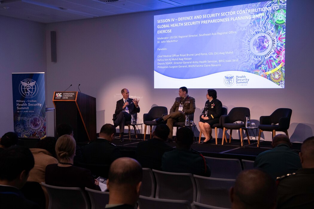 Civilians, defense and security partners within the Indo-Pacific region participate in collaborative panel discussions during the Military Civilian Health Security Summit co-hosted by the Australian Defence Force and U.S. Indo-Pacific Command in Sydney, June 17, 2024.