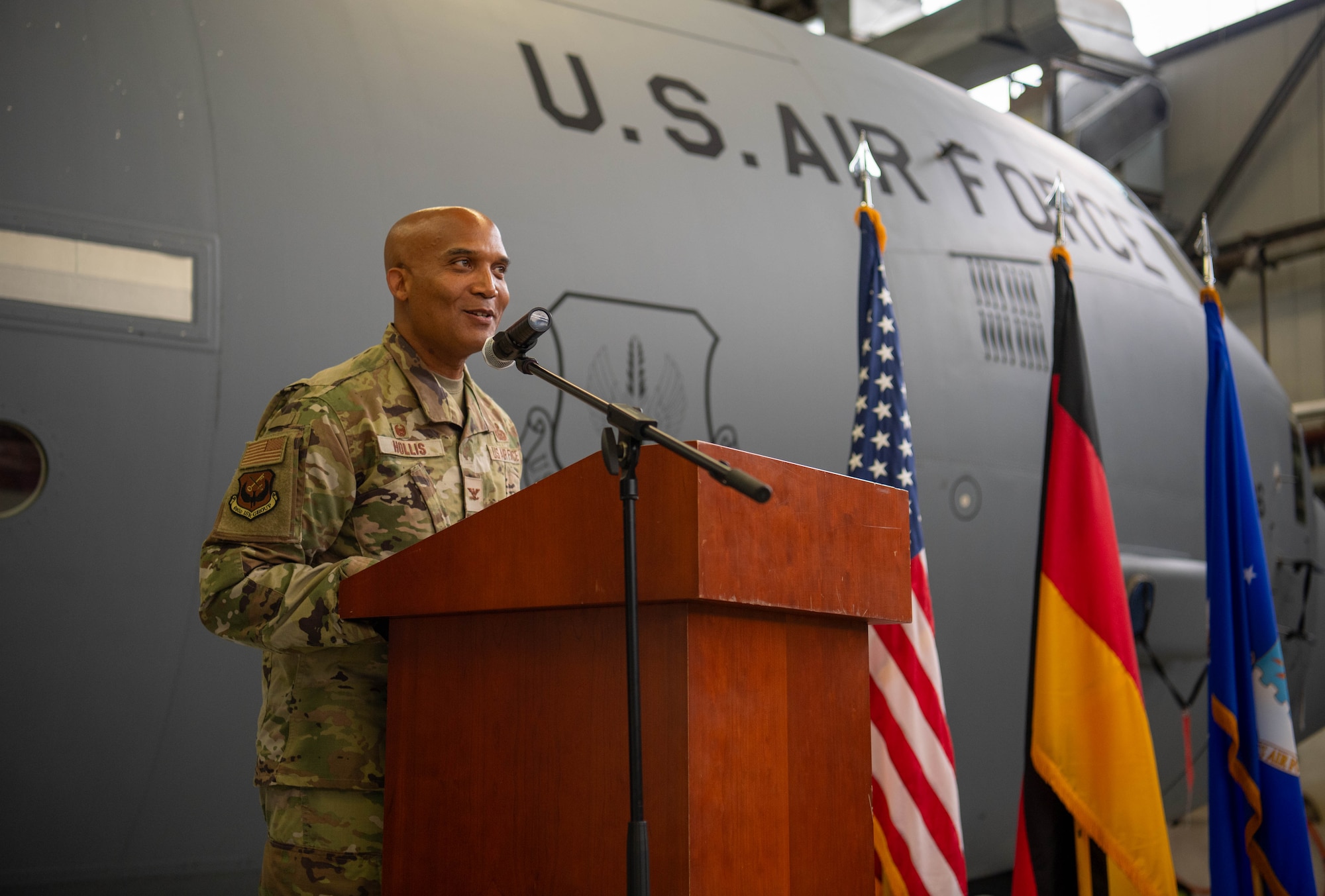 U.S. Air Force Col. Trevor Hollis, 693rd Intelligence, Surveillance and Reconnaissance Group incoming commander, provides remarks during the 693rd ISRG change of command ceremony at Ramstein Air Base, Germany, June 6, 2024. The mission of the 693rd ISRG is to lead theater Air Force ISR operations through effective planning, collection, analysis and dissemination, enabling theater and national warfighters to secure global vigilance, reach and power. (U.S. Air Force photo by Senior Airman Jared Lovett)