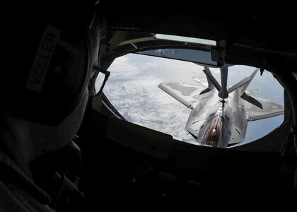 A U.S. Air Force F-22 Raptor assigned to the 1st Fighter Wing, Joint Base Langley-Eustis, Virginia, is fueled by a KC-135 Stratotanker from the 185th Air Refueling Wing, Iowa Air National Guard, during exercise Sentry Savannah hosted by the Air Dominance Center in Savannah, Georgia, May 9, 2024. Sentry Savannah is the Air National Guard’s premier 4th- and 5th-gen fighter integration exercise, involving more than 775 participants and 40 aircraft from six flying units.