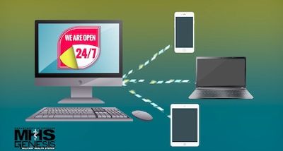 Clip art images of desktop computer that says "WE ARE OPEN 24/7." Computer is connected to smartphone, laptop, and tablet.