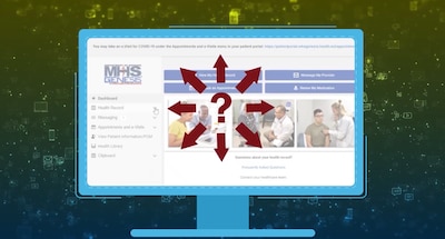 Clip art image of desktop screen with screenshot of MHS GENESIS Patient Portal.