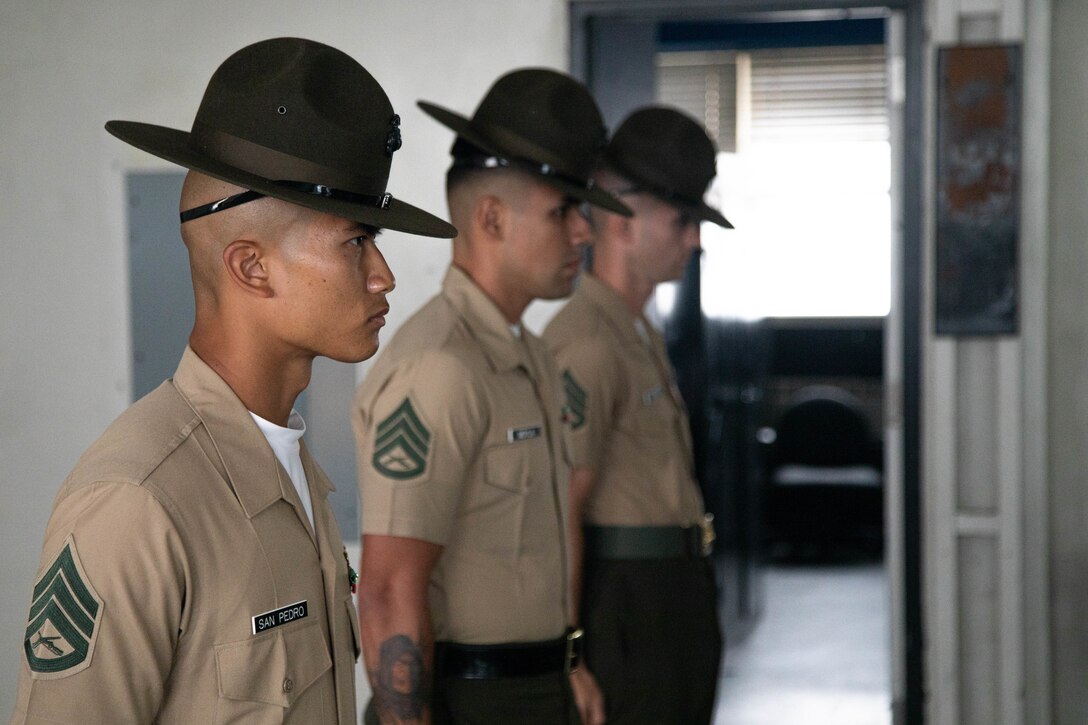 U.S. Marine Corps drill instructors with Mike Company, 3rd Recruit Training Battalion, stand at attention during a mock pick-up demonstration for educators from Recruiting Stations Los Angeles, Orange County, Riverside, and Sacramento as part of the 2024 Educators Workshop at Marine Corps Recruit Depot San Diego, California, June 4, 2024. Participants of the workshop visited MCRD San Diego to observe recruit training and gain a better understanding about the transformation process recruits undergo to become United States Marines. Educators also received classes and briefs on the benefits that are provided to service members in the United States armed forces. (U.S. Marine Corps photo by Cpl. Elliott A. Flood-Johnson)