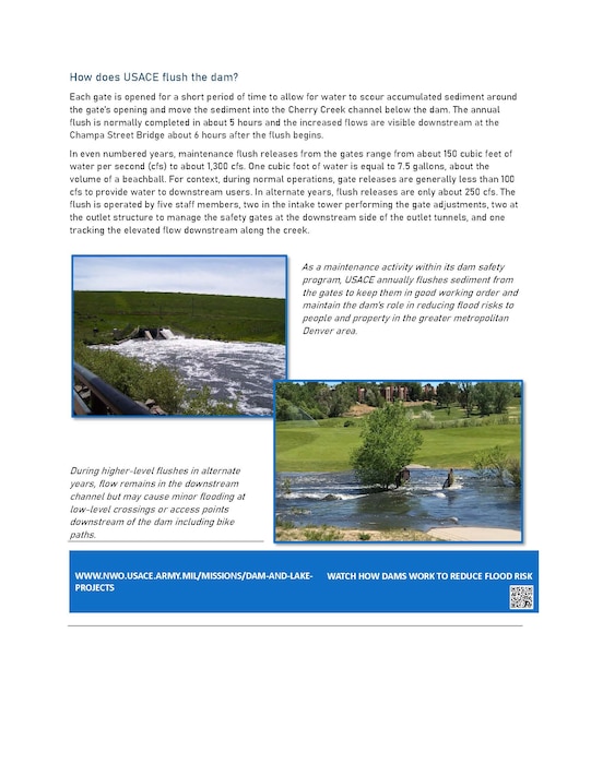 A fact sheet for Cherry Creek Dam sediment flushing information.