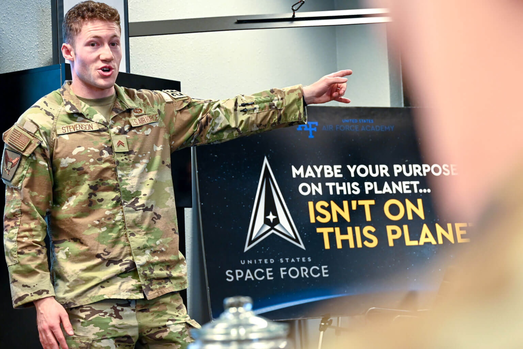 U.S. Air Force Academy Cadet 2nd Class John Stevenson, i5 Space national director, delivers a presentation on the organization to ROTC cadets at other educational institutions, including the University of Oklahoma, University of Texas at Austin and Yale University in the Space Delta 13 detachment May 2, 2024. (U.S. Air Force photo by Staff Sgt. Michael Ward)