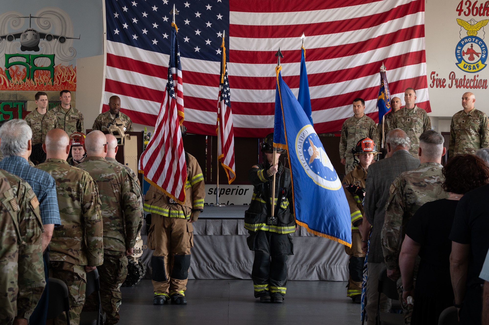 Members of the 436th Civil Engineer Squadron present the colors during the 436th CES Change of Command at Dover Air Force Base, Delaware, June 13, 2024. The ceremony saw Lt. Col. Joshura Yerk relinquish command to Lt. Col. Robert Shuler. (U.S. Air Force photo by Dieondiere Jefferies)