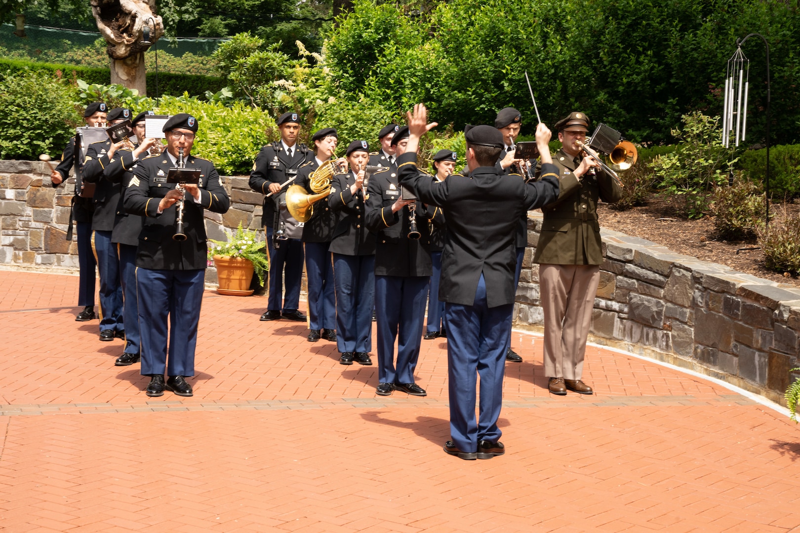 New York Army National Guard Soldiers of the 42nd Infantry Division band, led by Spc. Steven Fonti, perform a march during a ceremony welcoming King Willem-Alexander and Queen Maxima of the Netherlands to the New York State executive mansion in Albany, New York, June 12, 2024. The Dutch royals visited New York's capital and were hosted by New York Gov. Kathy Hochul on the third day of a four-day visit to the United States.