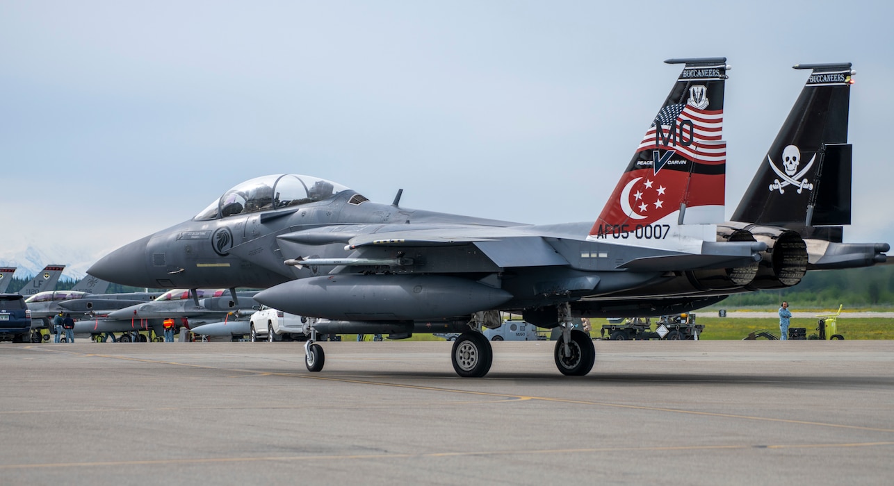 A Republic of Singapore F-15 taxis on the flightline.