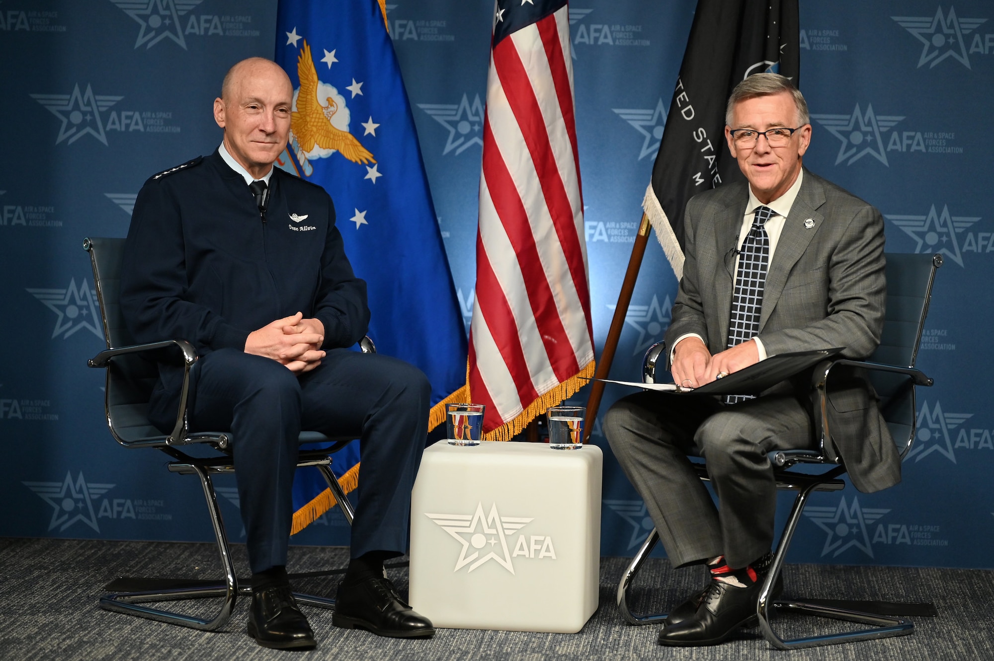 Air Force Chief of Staff Gen. David Allvin discusses details about reoptimizing the Air Force with Burt Field, Air and Space Forces Association president and CEO, during an Air and Space Warfighters in Action session, June 13, 2024 in Washington, D.C. Allvin said the Air Force has made real and tangible progress instituting elements of a broad strategy announced in February to evolve how the Air Force develops people, generates readiness, projects power, and develops integrated capabilities. (U.S. Air Force photo)