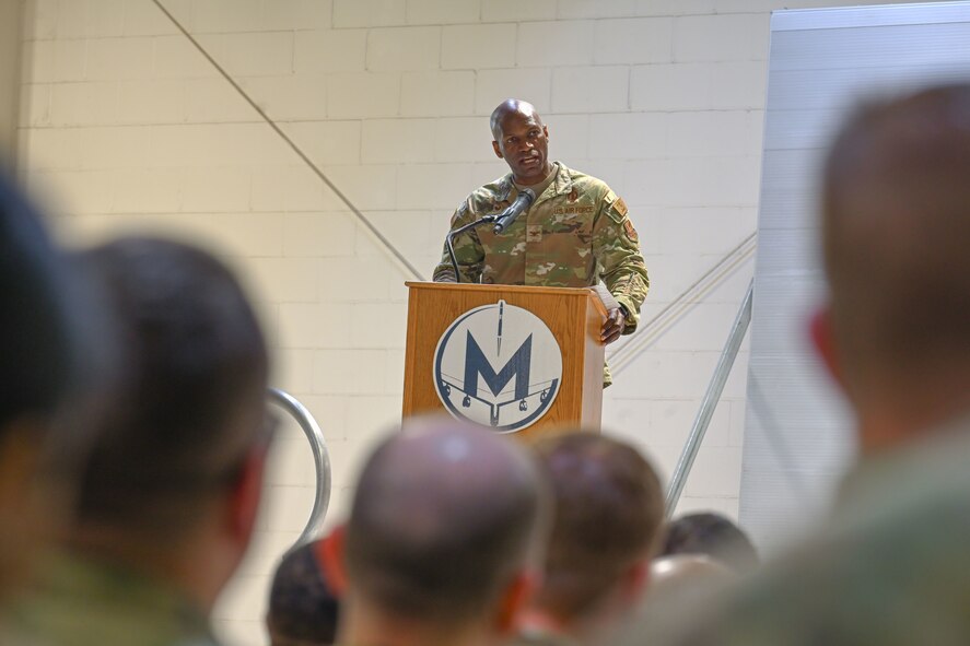 U.S. Air Force Col. Kenneth McGhee, 91st Missile Wing commander, gives a speech at the 91st Security Forces Group (SFG) change of command ceremony at Minot Air Force Base, North Dakota, June 17, 2024. Col. Anthony McCarty, 91st SFG commander,  relinquished command of the Group to Col. James Slaton.