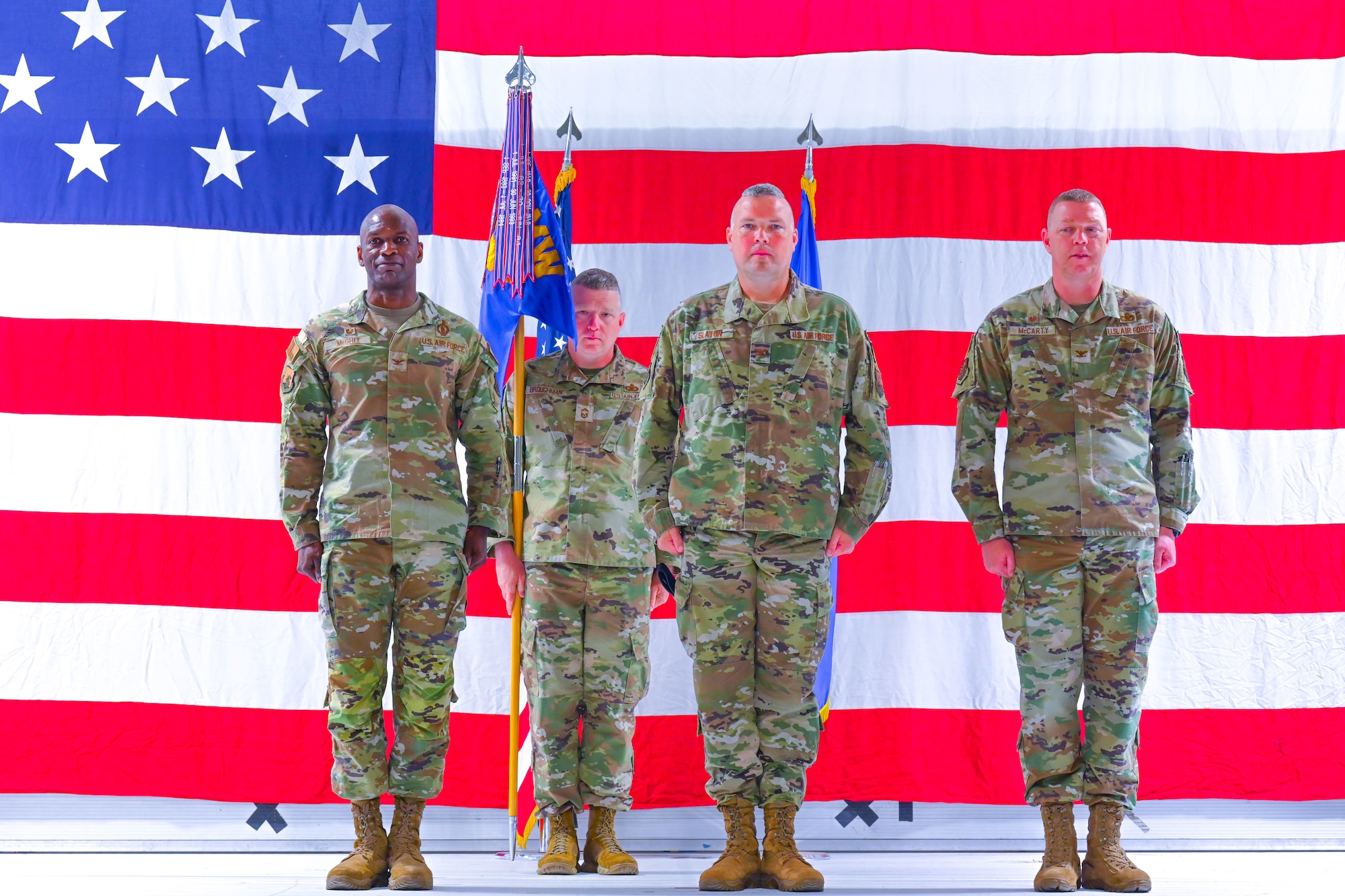U.S. Air Force Col. James Slaton accepts command of the 91st Security Forces Group from Col. Anthony McCarty during a change of command ceremony at Minot Air Force Base, North Dakota, June 17, 2024. The change of command ceremony brought Team Minot, family and friends together to welcome the new commander.