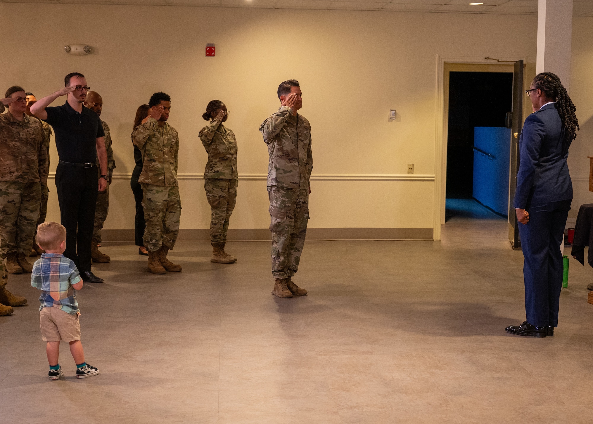 U.S. Air Force Maj. Micah Dalcoe, 47th Force Support Squadron (FSS) commander, returns the first salute from her squadron during the 47th FSS change of command ceremony at Laughlin Air Force Base, Texas, June 11, 2024. Change of command ceremonies represent a formal transfer of authority and responsibility for a unit from one commanding officer to another. (U.S. Air Force photo by Staff Sgt. Nicholas Larsen)