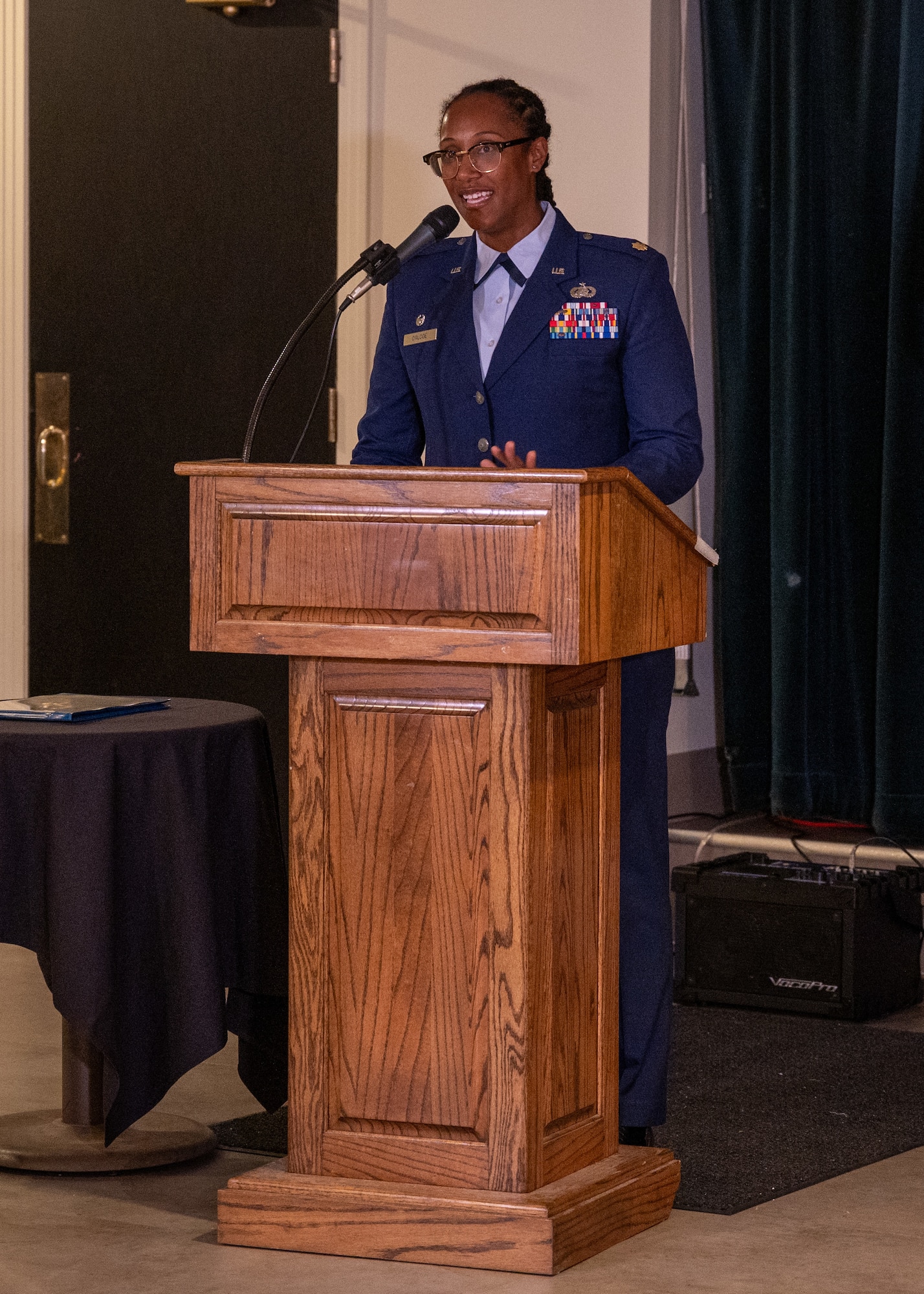 U.S. Air Force Maj. Micah Dalcoe, 47th Force Support Squadron (FSS) commander, gives a speech during the 47th FSS change of command ceremony at Laughlin Air Force Base, Texas, June 11, 2024. Change of command ceremonies represent a formal transfer of authority and responsibility for a unit from one commanding officer to another. (U.S. Air Force photo by Staff Sgt. Nicholas Larsen)