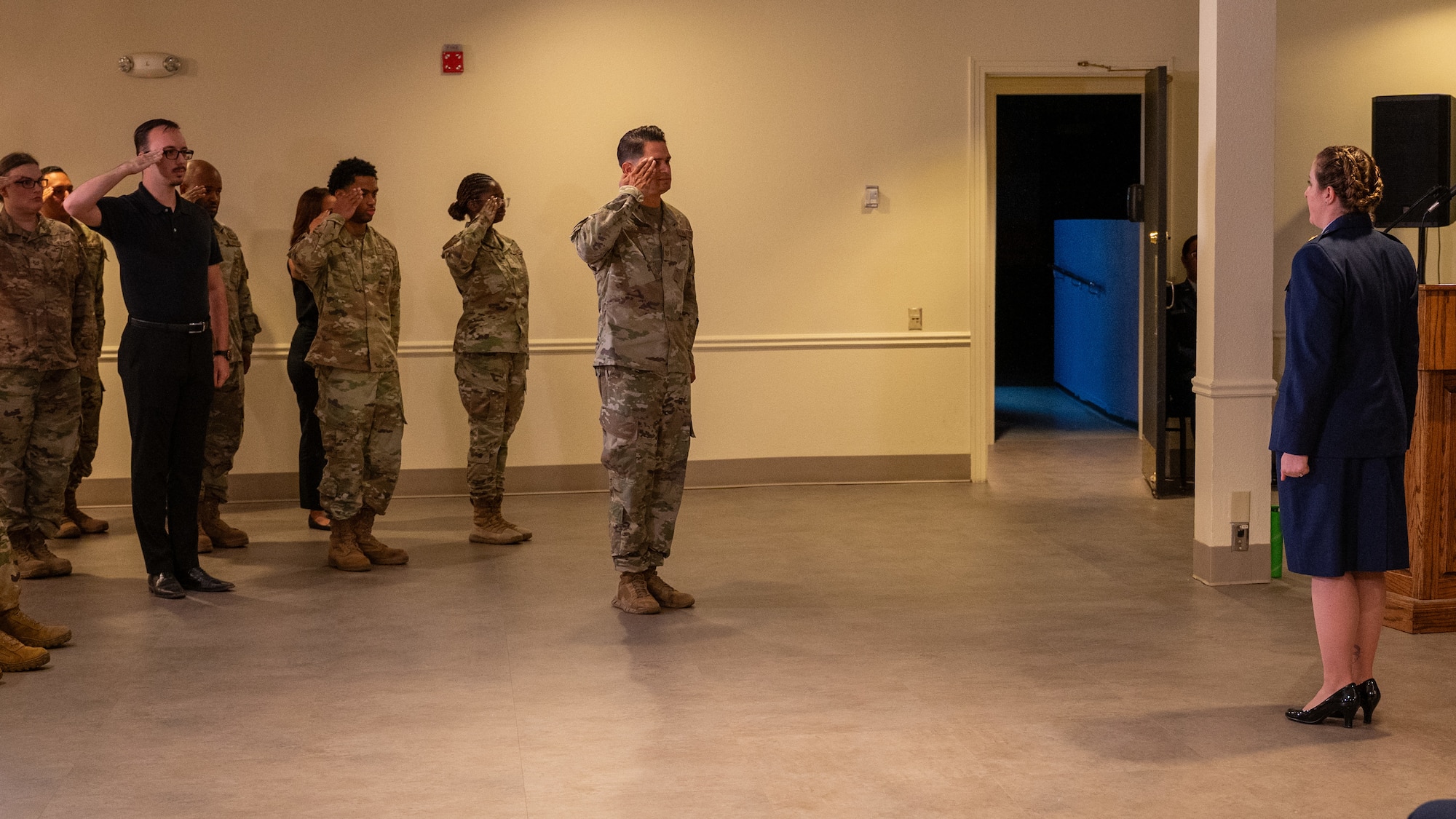 U.S. Air Force Maj. Kayleigh Stilwell (right), 47th Force Support Squadron (FSS) commander, renders a final salute during the 47th FSS change of command ceremony at Laughlin Air Force Base, Texas, June 11, 2024. Change of command ceremonies represent a formal transfer of authority and responsibility for a unit from one commanding officer to another. (U.S. Air Force photo by Staff Sgt. Nicholas Larsen)