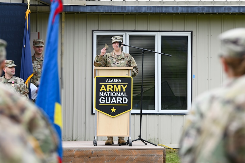 Lt. Col. Amy Slinker, incoming commander of the Recruiting and Retention Battalion, Alaska Army National Guard, addresses her Soldiers during a change of command ceremony held at Camp Carroll on Joint Base Elmendorf-Richardson, Alaska, May 31, 2024.