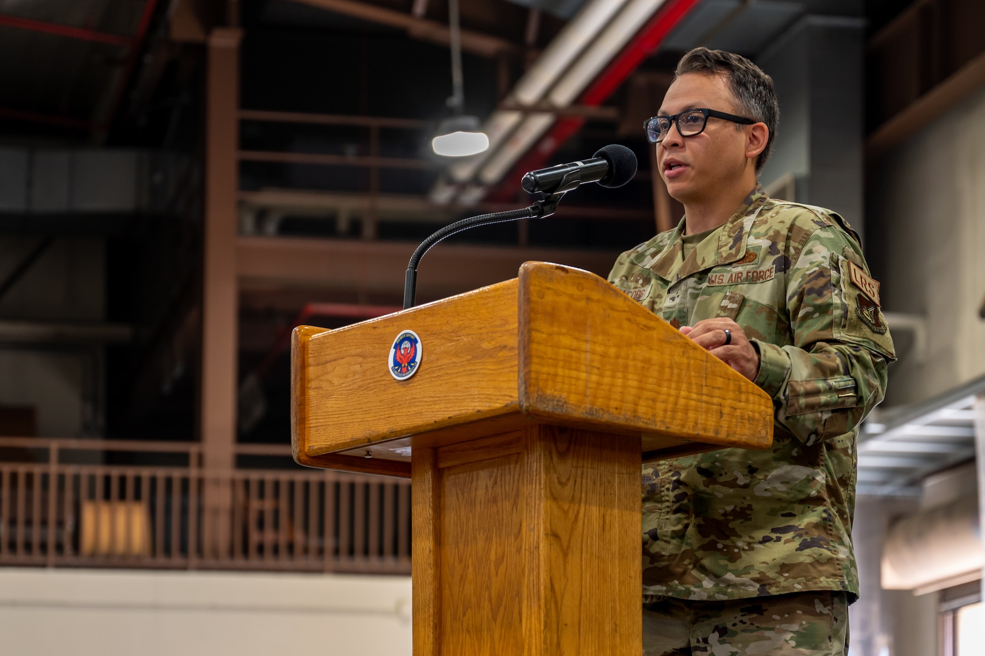U.S. Air Force Maj. Justin D. Jacobs, 51st Logistics Readiness Squadron commander, gives a speech during a change of command ceremony at Osan Air Base, Republic of Korea, June 14, 2024. A change of command ceremony is a tradition that symbolizes a smooth leadership transition and underscores the 51st Fighter Wing’s dedication to mission execution. (U.S. Air Force photo by Senior Airman Brittany Russell)
