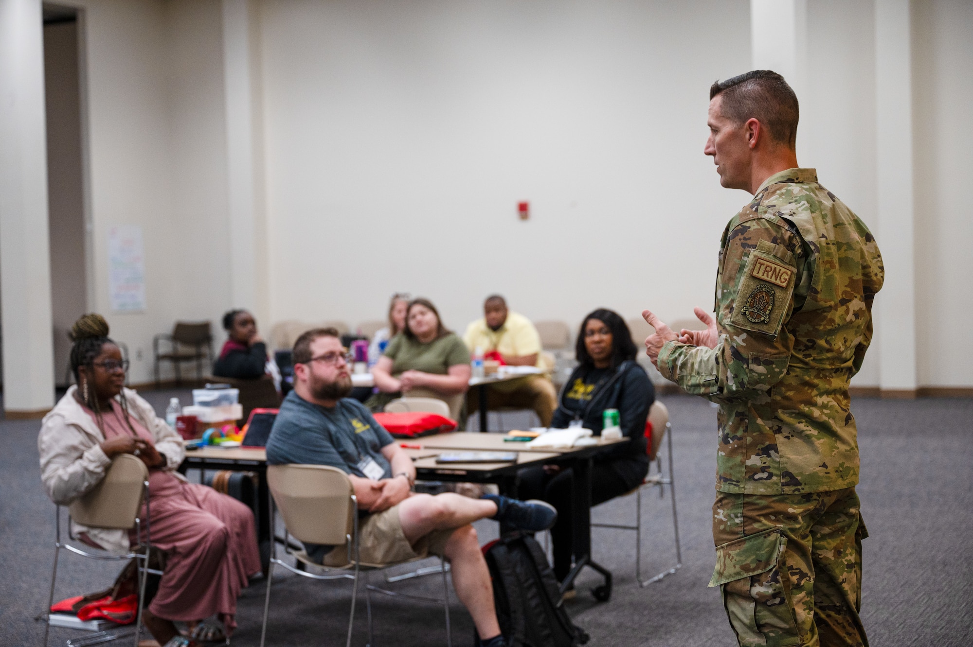 U.S. Air Force Col. Billy Pope, Jr., 81st Training Wing commander, addresses local K-12 teachers during the Mississippi State University GenCyber camp at Keesler Air Force Base, Mississippi, June 7, 2024.
