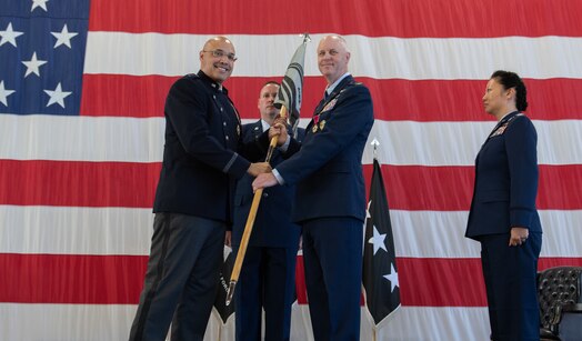  Col. Brett T. Swigert, right, relinquishes command of Space Delta 7 - Intelligence, Surveillance and Reconnaissance to Lt. Gen. David N. Miller, Jr., Space Operations Command commander.