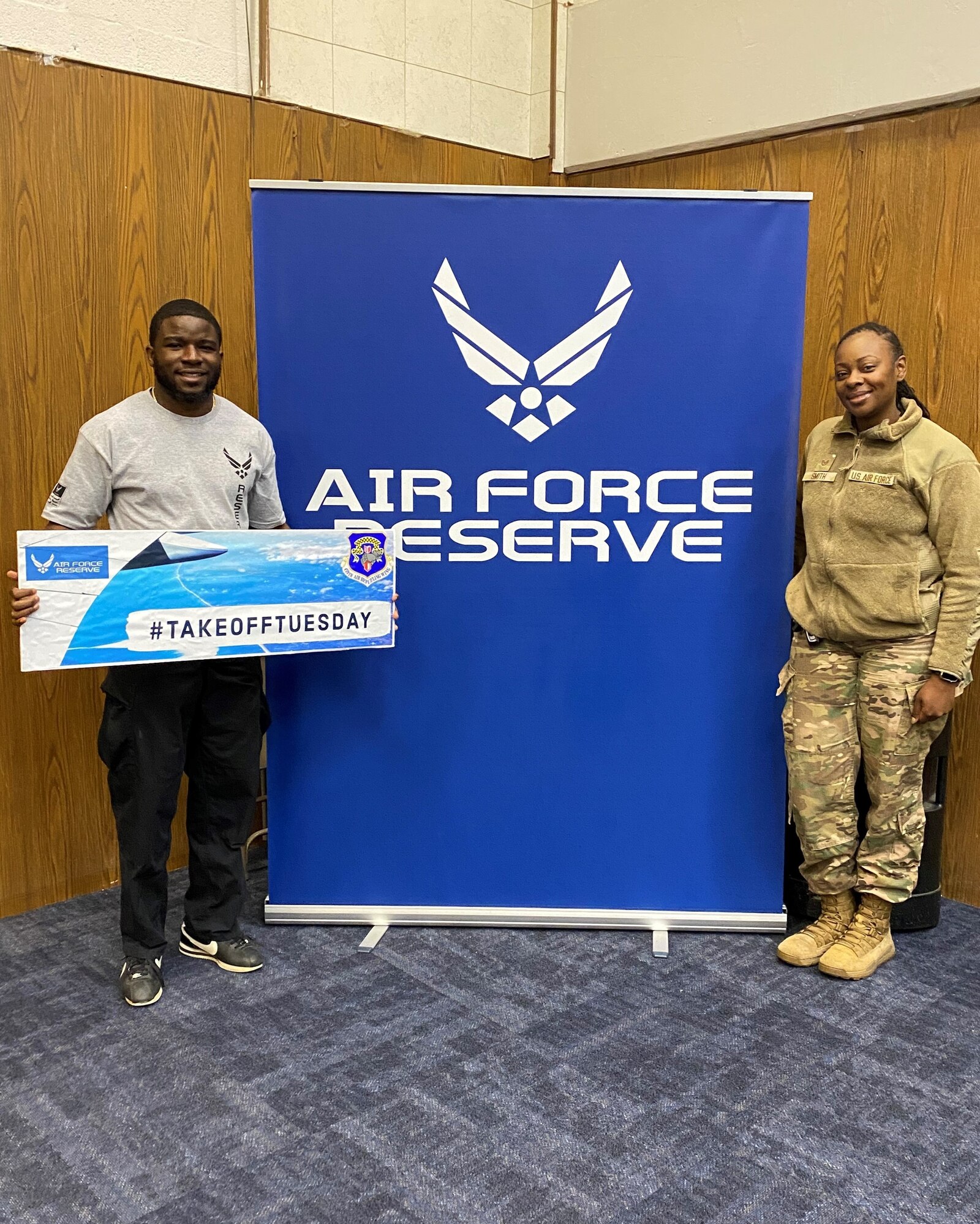 Ovidshel Occean (l) is taking off for Air Force Basic Military Training, Jun 18. Once he's done with BMT and technical training, he'll return to the wing as an Airman 1st Class in the 459th Aircraft Maintenance Squadron. Pictured with him is Technical Sgt. Ceru Smith, 459th Air Refueling Wing Development and Training Flight Program Manager. (Courtesy photo)