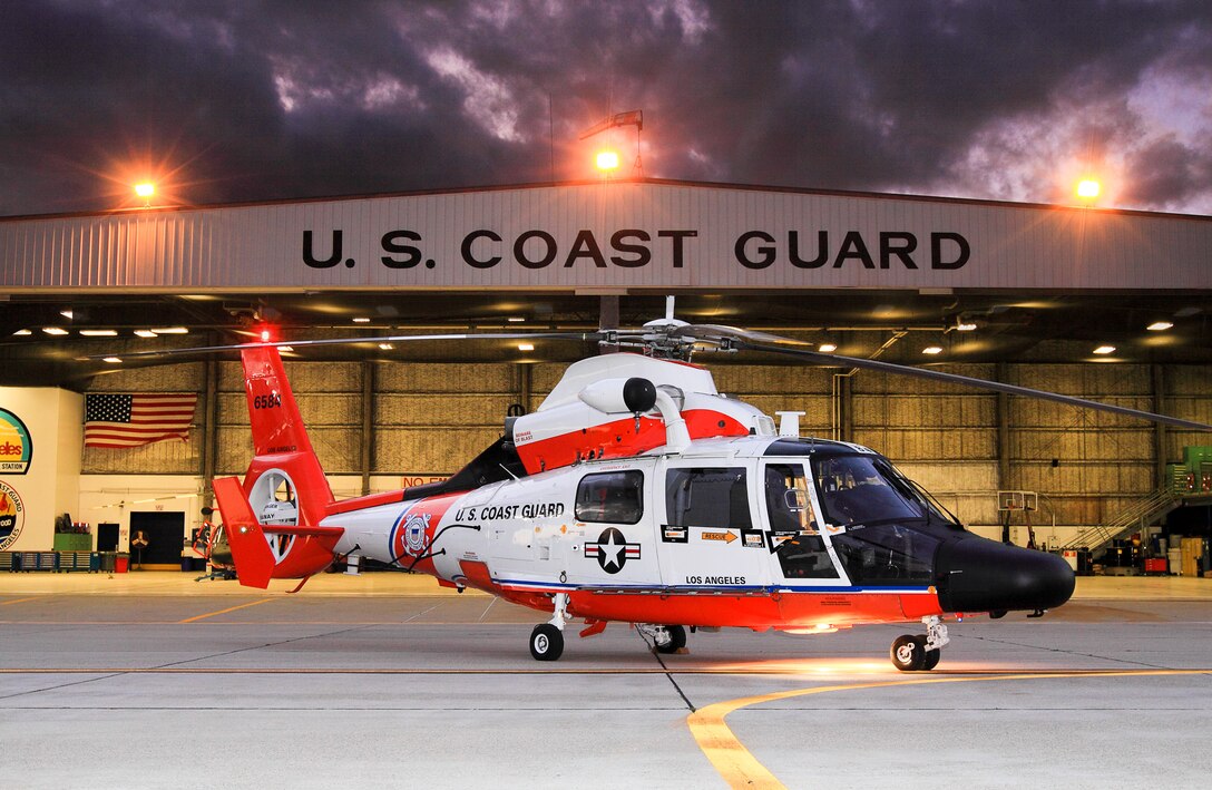 LOS ANGELES - A MH-65C Dolphin helicopter (6584) from Coast Guard Air Station Los Angeles has recently returned from Coast Guard Aviation Logistics Center in Elizabeth City, N. C. where the helicopter received 'retro' paint colors to celebrate 25 years of the Coast Guard using the Dolphin helicopter