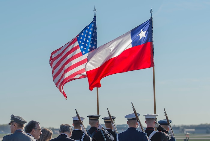 Joint Color Guard members prepare for the Chilean President’s arrival on the Joint Base Andrew’s flightline, March 30, 2016. More than 20 countries are scheduled to arrive for the 2016 Nuclear Security Summit held in Washington, D.C. The summit provides a forum for leaders to reinforce commitments to securing nuclear materials. (U.S. Air Force photo by Senior Airman Nesha Humes)